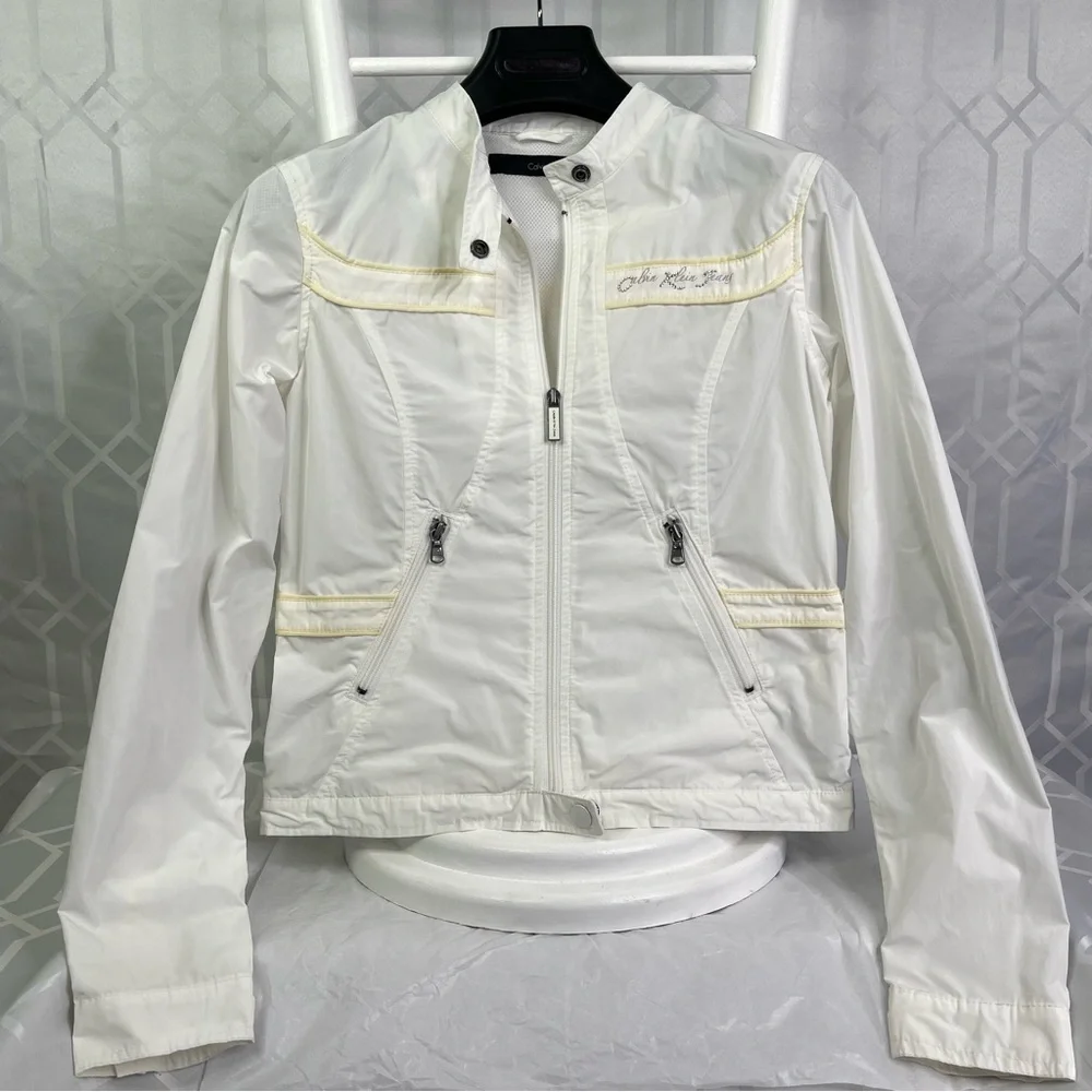 Calvin Klein Jeans White Rhinestone Logo Zip Windbreaker Jacket Girls M